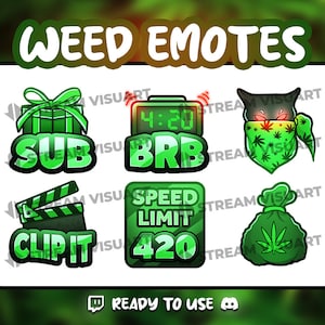 Puede incluir: Conjunto de seis emoticonos de Twitch verdes y negros con temática de la hierba. Los emoticonos incluyen "SUB", "BRB", "CLIP IT", "SPEED LIMIT 420", una bolsa de hierba y un gato con un pañuelo.