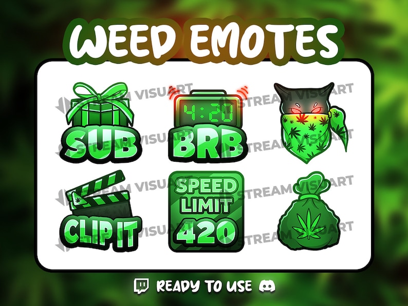 Weed Twitch Emotes Pack 6x Plant 420 High Blunt Sub Cat Green Cool BRB