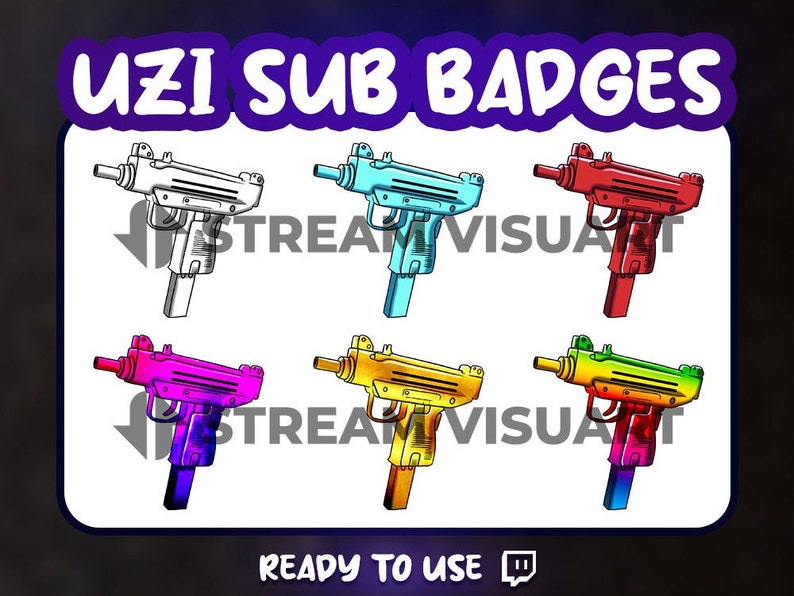 Pu&ograve; includere: Sei badge di sub Uzi di diversi colori per Twitch. I badge sono di colore bianco, azzurro, rosso, rosa, giallo e verde.