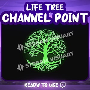 K&ouml;nnte beinhalten: Digitales Grafikdesign f&uuml;r einen Twitch-Kanalpunkt, mit einem leuchtend gr&uuml;nen Lebensbaum-Design auf schwarzem Hintergrund. Der Text "LIFE TREE CHANNEL POINT" steht oben, mit "READY TO USE" unten.