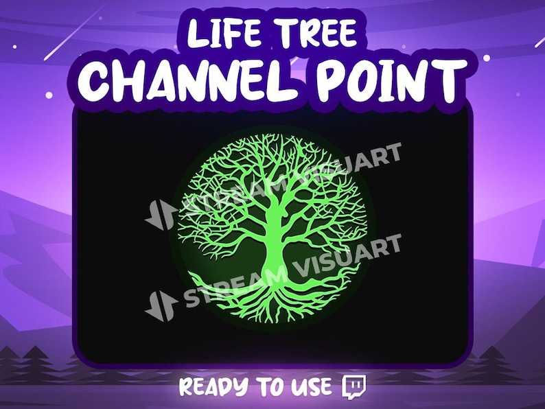 K&ouml;nnte beinhalten: Digitales Grafikdesign f&uuml;r einen Twitch-Kanalpunkt, mit einem leuchtend gr&uuml;nen Lebensbaum-Design auf schwarzem Hintergrund. Der Text "LIFE TREE CHANNEL POINT" steht oben, mit "READY TO USE" unten.