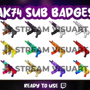 Puede incluir: Doce insignias de sub AK-74 de diferentes colores. Las insignias están en una cuadrícula de cuatro filas y tres columnas. Los colores son negro, blanco, amarillo, verde, rojo, azul, naranja, morado, rosa, azul claro y verde claro. Las insignias tienen todas el mismo diseño, pero diferentes colores. El texto "AK74 SUB BADGES" está en la parte superior de la imagen. El texto "READY TO USE" está en la parte inferior de la imagen.