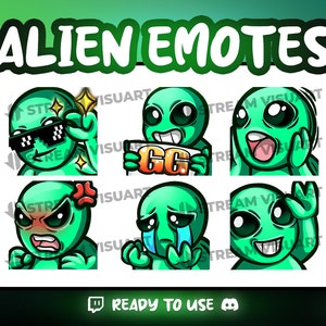 Alien Twitch Emotes pack 6x Extraterrestrial UFO Space Sci-fi Otherworldly Martian Roswell Green Fun Cute Stream Sub Emoji Discord Kick