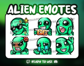 Puede incluir: Conjunto de seis emojis de alienígenas verdes con diferentes expresiones, incluyendo gafas de sol, enojado, triste y sorprendido. Los emojis están en una cuadrícula cuadrada con el texto "ALIEN EMOTES" en la parte superior y "READY TO USE" en la parte inferior.