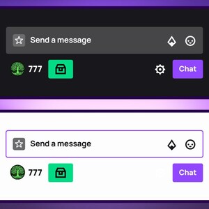 K&ouml;nnte beinhalten: Zwei Chat-Oberfl&auml;chendesigns, eines dunkel und eines hell. Beide verf&uuml;gen &uuml;ber ein Texteingabefeld mit der Bezeichnung "Nachricht senden", ein Baumlogo mit der Nummer 777 und eine "Chat"-Schaltfl&auml;che. Das dunkle Design hat ein Schloss-Symbol, und das helle Design hat ein Schloss-Symbol.