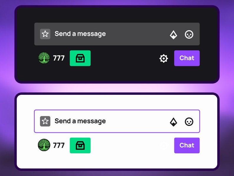 K&ouml;nnte beinhalten: Zwei Chat-Oberfl&auml;chendesigns, eines dunkel und eines hell. Beide verf&uuml;gen &uuml;ber ein Texteingabefeld mit der Bezeichnung "Nachricht senden", ein Baumlogo mit der Nummer 777 und eine "Chat"-Schaltfl&auml;che. Das dunkle Design hat ein Schloss-Symbol, und das helle Design hat ein Schloss-Symbol.