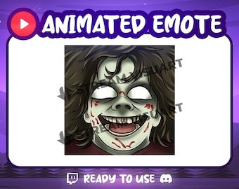 Op de afbeelding: Geanimeerde emote met een close-up van een zombiegezicht met een brede, tandenrijke grijns en bloedspatten op de huid. De zombie heeft witte ogen en bruin haar.