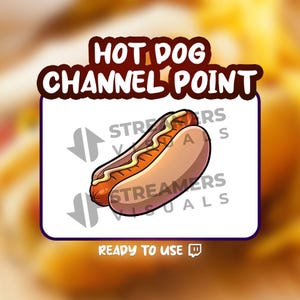 Peut inclure: Illustration d'un hot-dog de dessin animé avec de la moutarde et de la relish, dans un pain. Le texte "HOT DOG CHANNEL POINT" est au-dessus de l'image, et "READY TO USE" est en dessous. L'image est sur fond blanc avec un bord violet.
