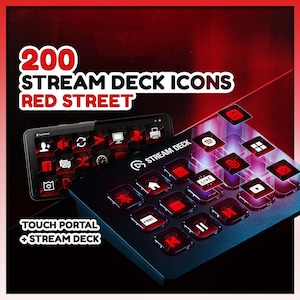 Puede incluir: 200 iconos Stream Deck rojos y negros para Touch Portal y Stream Deck. Los iconos presentan un tema de calle roja.