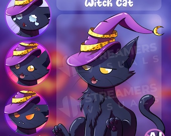 Witch Cat PNGTuber Avatar, Chibi Black Cat, 4 Expresiones (PNG+VEADO)