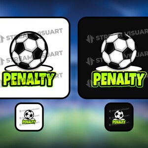 以下が含まれることがあります： 白黒のサッカーボールに、緑色の文字で「PENALTY」と書かれている。白い背景に、「STREAM VISUART」という文字も見える。
