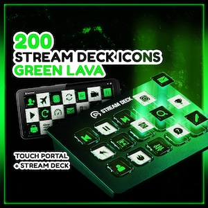May include: 200 green lava themed icons for Stream Deck and Touch Portal. The icons are displayed on a black Stream Deck device with a green glow.