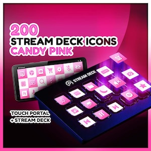 May include: 200 pink Stream Deck icons for Touch Portal and Stream Deck. The icons are displayed on a black Stream Deck device with a pink glow.