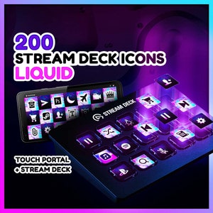 May include: A black Stream Deck with a purple and blue liquid effect. The Stream Deck has 200 icons for use with the Touch Portal app. The text "STREAM DECK" is visible on the device.