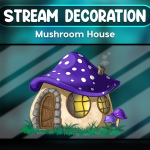 Może przedstawiać: Dom z grzybów w kreskówkowym stylu z fioletowym i białym kropkowanym dachem, brązowymi drzwiami i dwoma oknami. Dom otoczony jest zieloną trawą, a na pierwszym planie znajdują się dwa mniejsze grzyby.