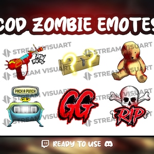 Könnte beinhalten: Ein Satz von acht Twitch-Emojis zum Thema Call of Duty: Zombies. Die Emojis zeigen eine rot-gelbe Strahlenwaffe, eine Holzkiste mit einem Fragezeichen, einen blutigen Teddybär, eine Pack-a-Punch-Maschine, ein rot-schwarzes GG, einen Totenkopf mit Knochen und dem Text RIP sowie den Text "READY TO USE".