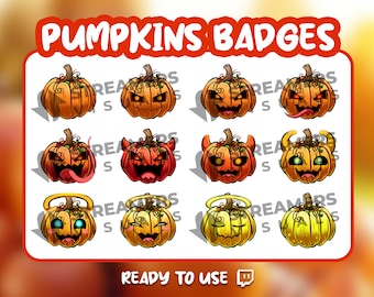 Insignias de suscriptor de Twitch con forma de calabaza x12, Calabaza de Halloween con ángel diablo (PNG)