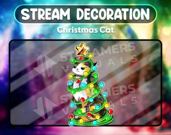 Christmas Cat Animated Stream Decoration Xmas Tree Streamer Gift Aesthetic Twitch Gaming Chat Webcam OBS Streamlabs Overlay Digital