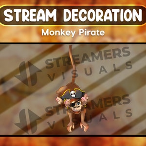 May include: Stream decoration featuring a cartoon monkey pirate. The monkey is brown with a black pirate hat, an eye patch, and a gold earring. The text "STREAM DECORATION" is at the top, and "Monkey Pirate" is below it.