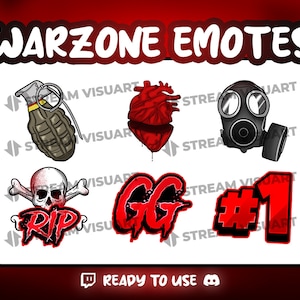 Op de afbeelding: Een set van acht digitale Twitch-emotes met een schedel en gekruiste beenderen, een hart, een gasmasker, een granaat, een nummer één en de letters GG. De emotes zijn in een rood-zwart kleurenschema en zijn ontworpen voor gebruik in online gaming.