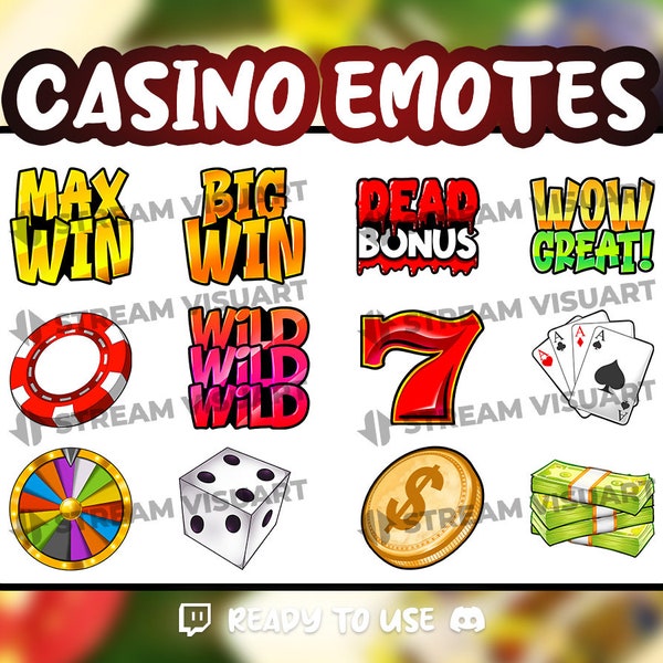 Casino Twitch et Kick Emotes Pack 12x Machines à sous pour cartes de jeu Money Dice Graphics Sub Emoticons Discord Emojis Youtube Téléchargement instantané