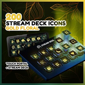 May include: A black Stream Deck with gold floral icons. The Stream Deck is a device that allows you to control your computer with buttons. The icons are for different functions, such as starting a stream, playing music, and more. The text "200 STREAM DECK ICONS GOLD FLORAL" is at the top of the image. The text "TOUCH PORTAL + STREAM DECK" is at the bottom of the image.
