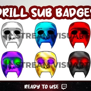 May include: Six different colored masks with a drill design. The masks are white, blue, red, purple, gold, and black. The text "DRILL SUB BADGES" is at the top of the image. The text "READY TO USE" is at the bottom of the image.
