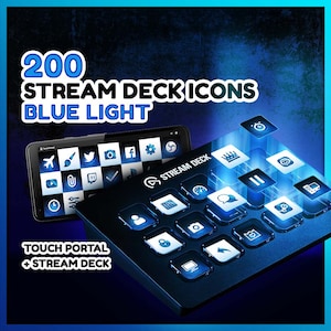 May include: 200 Stream Deck icons with blue light. The icons are displayed on a black Stream Deck and a black Touch Portal device. The icons include a clock, a crown, a pause button, a microphone, a person, a lock, a camera, a folder, a computer, and a right arrow.