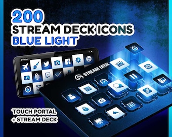 May include: 200 Stream Deck icons with blue light. The icons are displayed on a black Stream Deck and a black Touch Portal device. The icons include a clock, a crown, a pause button, a microphone, a person, a lock, a camera, a folder, a computer, and a right arrow.