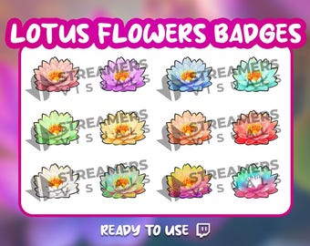 May include: Set of 10 colorful lotus flower badges, perfect for Twitch streamers. Each badge features a different color and design, with a yellow center and a black outline.