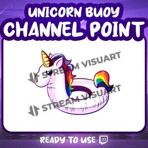 Peut inclure: Un flotteur de piscine licorne blanc avec une crinière et une queue arc-en-ciel. Le flotteur a un anneau au milieu pour s'asseoir. Le texte "Unicorn Buoy Channel Point" est en haut de l'image.