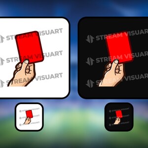 以下が含まれることがあります： 赤いカードを持った漫画の手が描かれた、赤と白の正方形のアイコンが2つ。各アイコンに「STREAM VISUART」というテキストが繰り返されている。