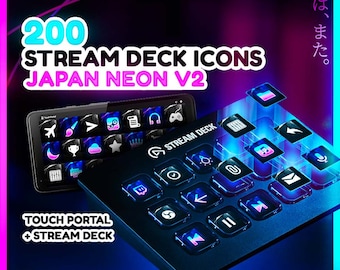 May include: 200 Stream Deck icons in a neon Japan theme. The icons are displayed on a black Stream Deck device with a blue glow. The text "STREAM DECK" is visible on the device. The text "TOUCH PORTAL + STREAM DECK" is visible below the device.