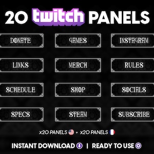 Gothic Twitch Panels x20 Pack Black White Goth Gaming Stream Design Instant Download Ready to Use