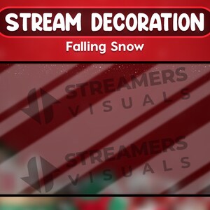 Op de afbeelding: Een rood-witte afbeelding voor streamdecoratie, met de tekst "STREAM DECORATION" en "Falling Snow". Het ontwerp bevat een rechthoekig kader met een vage achtergrond en de tekst "STREAMERS VISUALS."