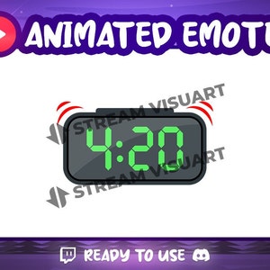以下が含まれることがあります： 4:20の緑色の数字が表示されたデジタル目覚まし時計のアニメーション絵文字。時計はグレーで、上に赤いアニメーション線があり、「ANIMATED EMOTE」と「READY TO USE」のテキストが入った白い背景に設定されています。