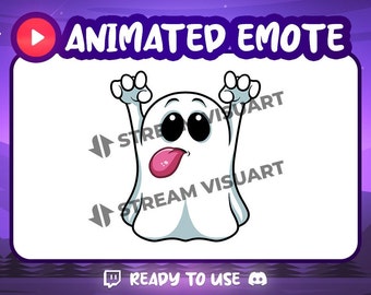May include: Animated cartoon ghost emote with big eyes and a tongue sticking out. The ghost is white with a light blue outline and is raising its arms in the air. The emote is set against a purple background with a play button and the text "Animated Emote" at the top.