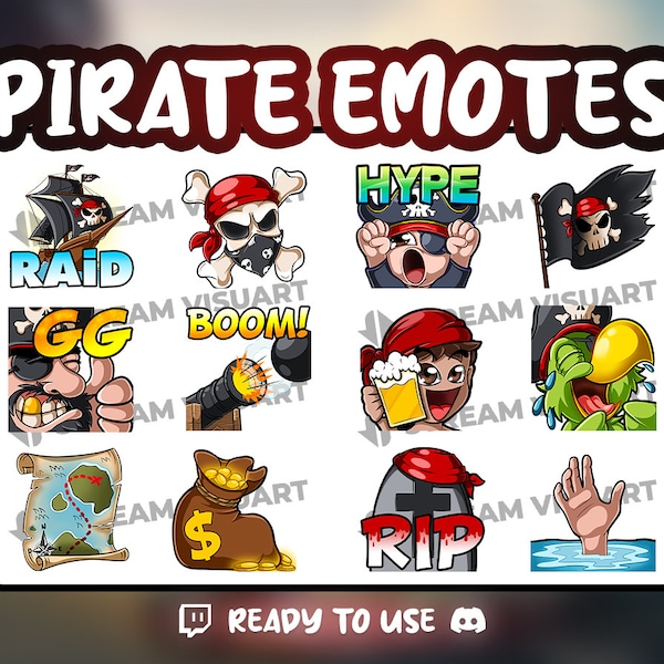 Piraten Twitch Emotes Pack 12x Badass Flagge Papagei Boot Rip Skull Hype Geld GG Grafiken Sub Emoticons Discord Emojis Kick Sofort Download