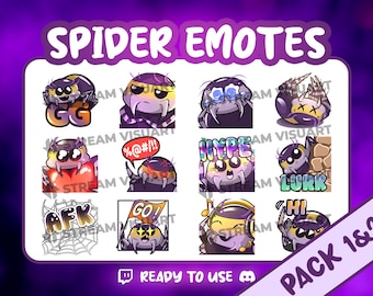 Paquete de 12 emoticonos de araña morada para Twitch, conjunto de emojis de arácnidos para Discord Kick (PNG)