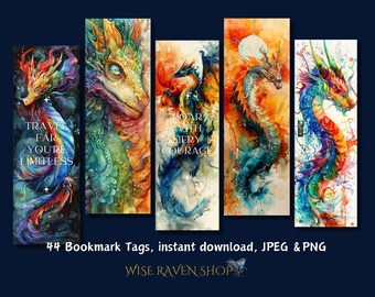 Segnalibri ed etichette regalo con drago acquerello / 44 disegni affascinanti per gli amanti dei libri / Appassionati di artigianato / Booker per rottami / JPEG, PNG,