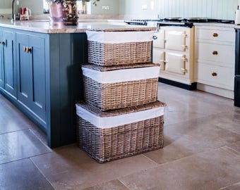 Rectangular Wicker Storage Basket with Hinged Lid, Removable Lining. Different Colour and Sizes available.