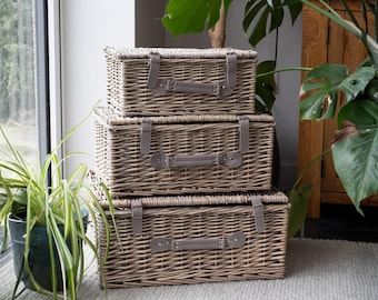 Wicker Storage Basket with Hinged Lid. Different Colour and Sizes available. Gift for New Home, Birthday, 5th Wedding Anniversary.