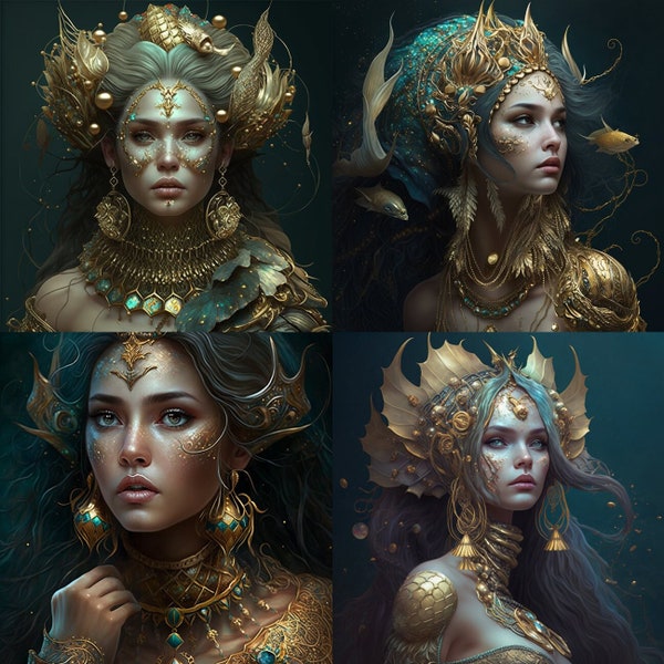 Gold Fantasy Mermaid Portraits | AI Generated Art | 4 Digital Portraits