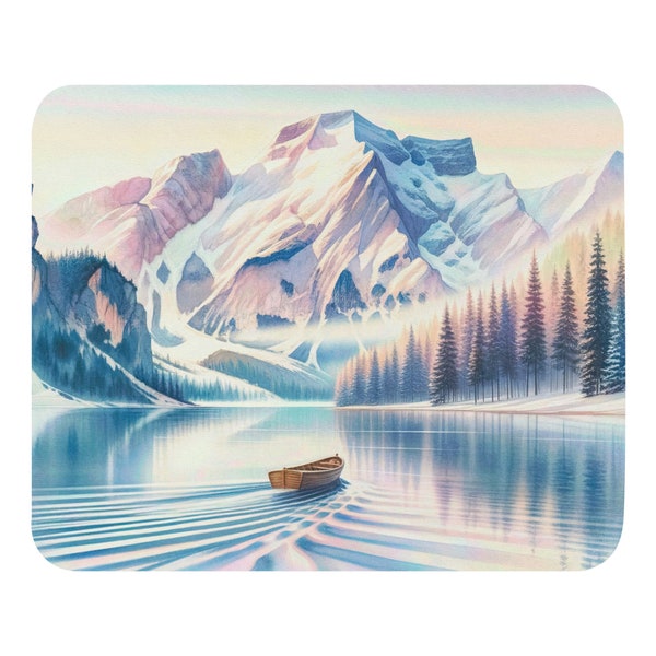 Watercolor painting of crisp Alpine morning & boat in a mountain lake. The artwork captures soft pastel of dawn, with mountains - Mouse Pad