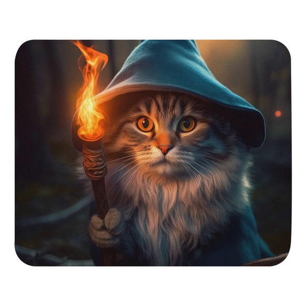 Wizard Cat Holding Stick With Fire And Has A Wizard Costume On - Photorealistic Fantasy Art - Mouse Pad
