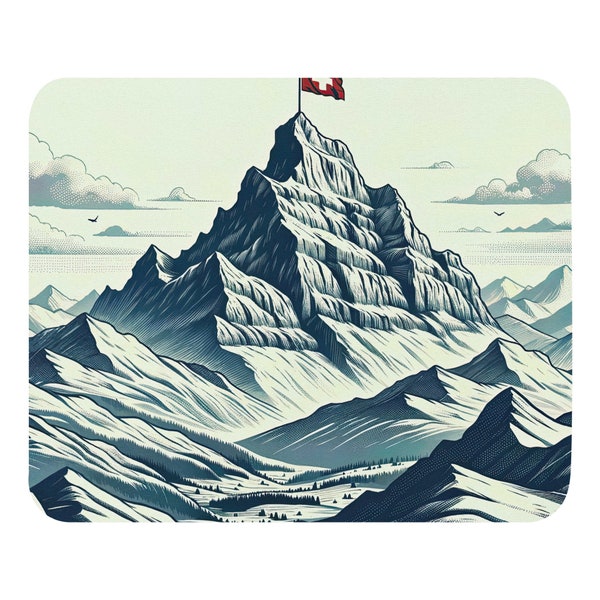 Illustration of mountain range with colossal mountain towering above the rest. Atop majestic peak, the Swiss flag waves graceful - Mouse Pad