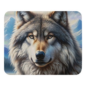 Oil painting portrait of a magnificent beautiful wolf. The wolf's fur is detailed and its eyes are captivating - Mouse Pad