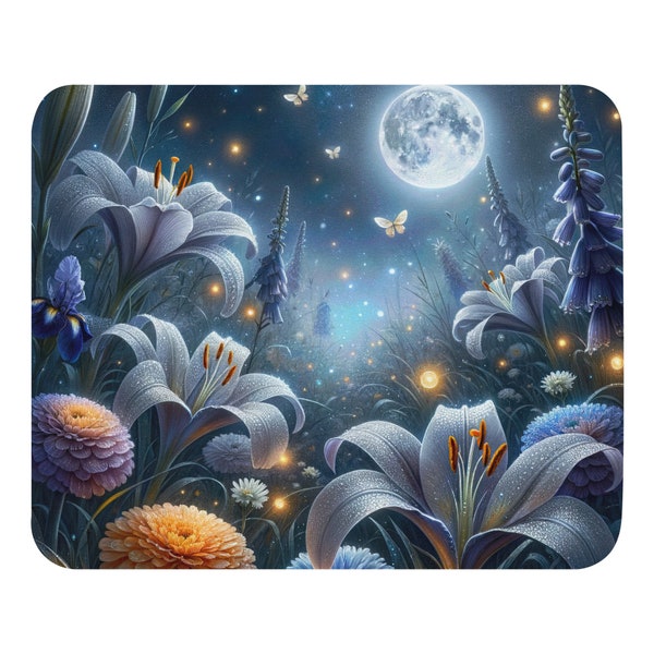 Illustration of an ethereal night in a blooming meadow. The moonlight bathes the flowers in a silvery glow - Mouse Pad