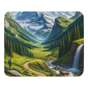 Digital painting of scenic view of hiker in the Alps, where a winding trail meanders through vibrant green meadows pine forests - Mouse Pad
