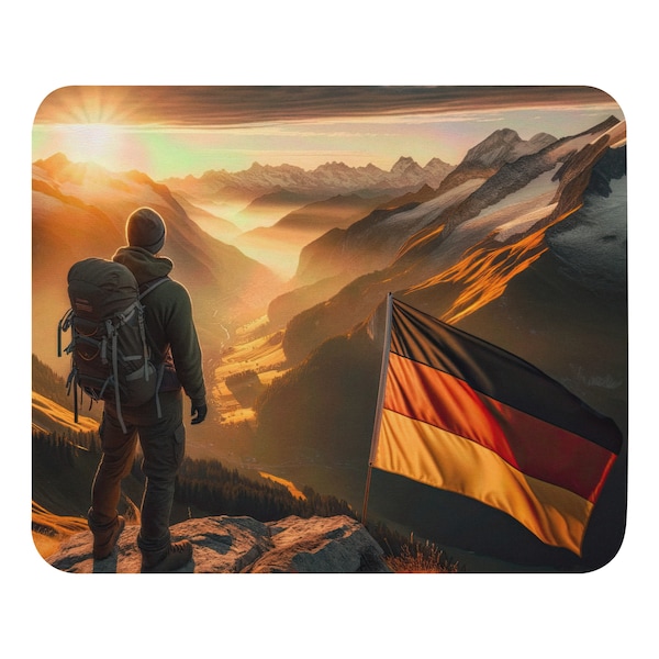Photo of the Alps during sunset. German Flag & hiker. Sun casts over snow-capped peaks and valleys below are in shadow - Mouse Pad